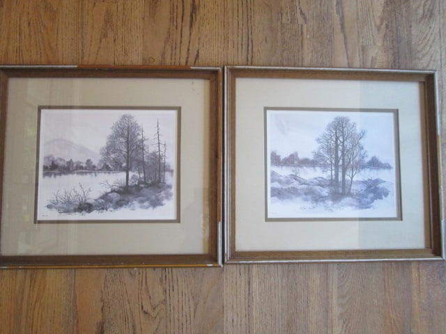 Two Framed and Matted F. Massa Black & White Winter Landscapes: 17 1/2" x 15 1/2", frames have some finish wear/residue, Local Pickup Only