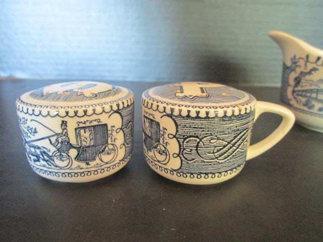Currier & Ives Blue by Royal Multi-Motif Center Scene Creamer, Sugar Bowl and Shakers - 7