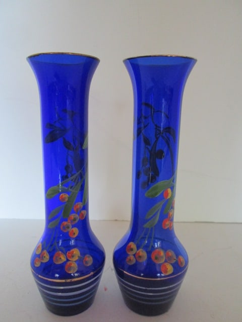 Pair of Handpainted Cobalt Blue Glass Bud Vases with Gold Band Accents: 7"h, some age/use wear to gold bands