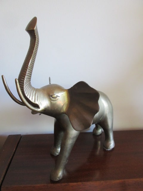 Vintage Brass Elephant with Raised Trunk: 13 1/2"h to tip of trunk