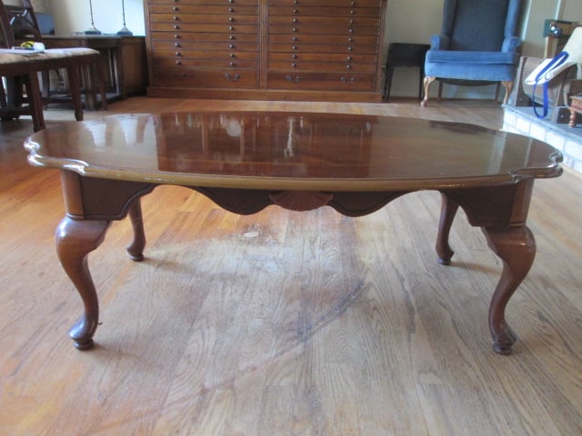 Banded Mahogany Coffee Table with Cabriole Queen Anne Legs and Carved Shell Accents: 44 1/2" x 27" x 16 1/4", some scuffs, Local Pickup Only