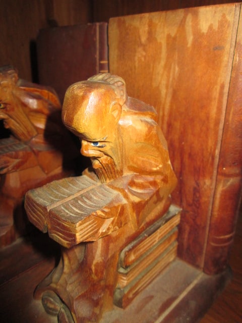 Pair of Vintage Folk Art Hand Carved Elder Scholar Bookends - 2