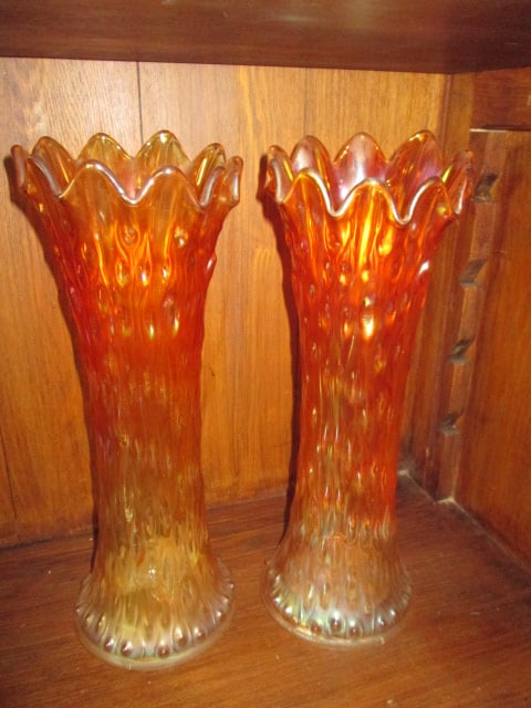Pair of Midcentury Marigold Iridescent Carnival Glass Swung Vase with Tree Bark Pattern: 13"h, 4 piece pressed glass, clear base glass