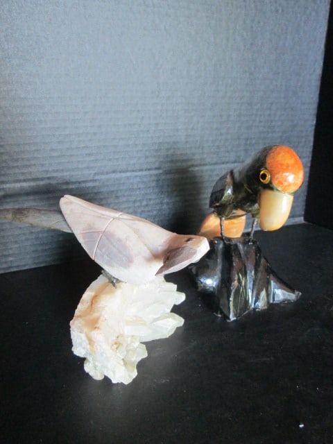 Two Carved and Polished Stone Tropical Birds on Stone/Quartz Chunk Bases (1 of 8)