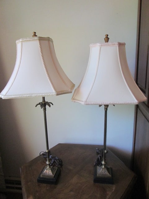 Pair of Antiqued Brass Neoclassical Style Palm Buffet Lamps with Black Marble Veneer Base: 33"h, 32"h, long pull chain switches, Local Pickup Only