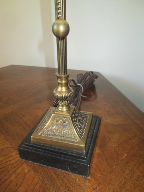 Pair of Antiqued Brass Neoclassical Style Palm Buffet Lamps with Black Marble Veneer Base - 2