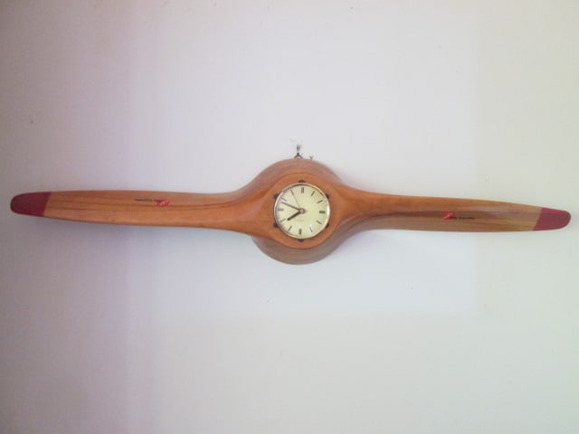 Globe Corporation Aircraft Division Wooden Propeller Quartz Wall Clock: 41 1/2" long, untested needs battery, Local Pickup Only