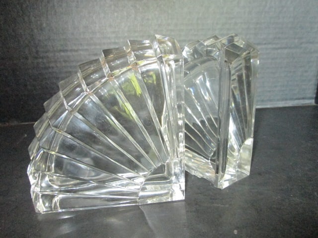 Pair of Crystal Fan Shaped Bookends: 5"h, one has chip on base