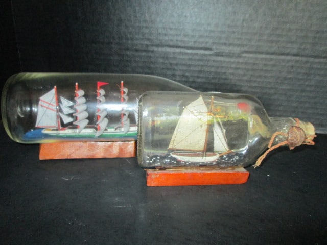 Two Small Scaled Ship in Bottles: 7 1/4" long, 11" long