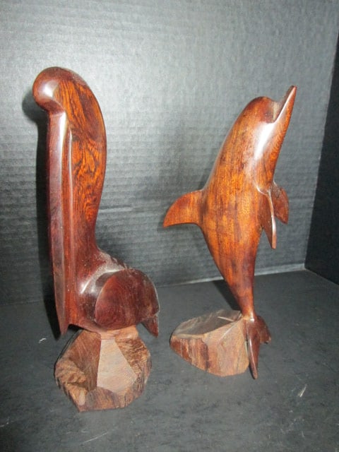 Carved Tropical Wood Pelican and Dolphin Figures: Pelican 10 1/4"h, Dolphin 10"h