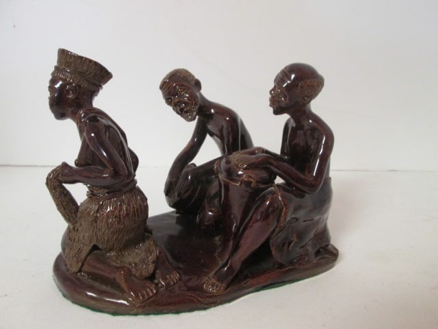 Vintage Glazed Pottery African Figural Ceremonial Village Scene Sculpture: 5"h