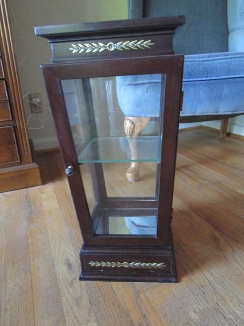The Bombay Co. Neoclassical Style Pedestal Display: 9 3/4"square x 21", mirrored bottom and glass shelves, scratches on top, Local Pickup Only