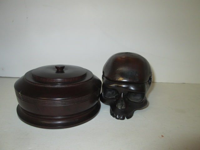 Turned Wood Tobacco Box and Sculpted Resin Human Skull Form Ashtray (1 of 6)