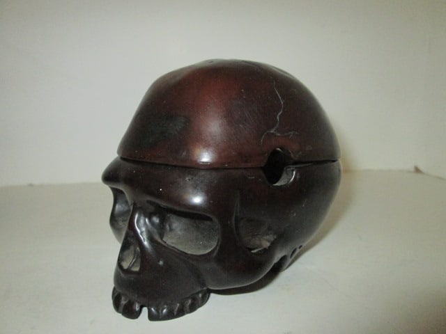 Turned Wood Tobacco Box and Sculpted Resin Human Skull Form Ashtray - 2