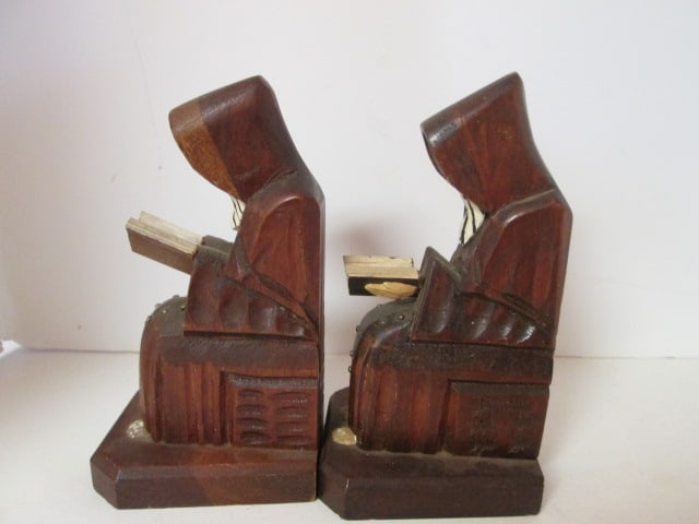 Pair of Vintage Folk Art Hand Carved Wooden Monk Bookends Made in Mexico - 2