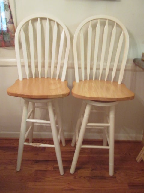 Two Natural Maple and White 2 Tone Swiveling Bar Chairs: 17 1/2"w, 29 1/2"h seat height, both have one stretcher with pet damage-see pictures and preview for condition, Local Pickup Only