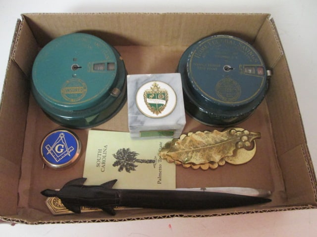 Vintage Desk Accessories-Two Home Federal Savings Advertising Desk Calendars, Masons: Tape Measure, Virginia Metal Crafters Brass Holly Paper Clip, South Carolina Palmetto Tree Brass Bookmark, Letter Openers and Marble Paperweight with Greenville, SC Organizational Emblem