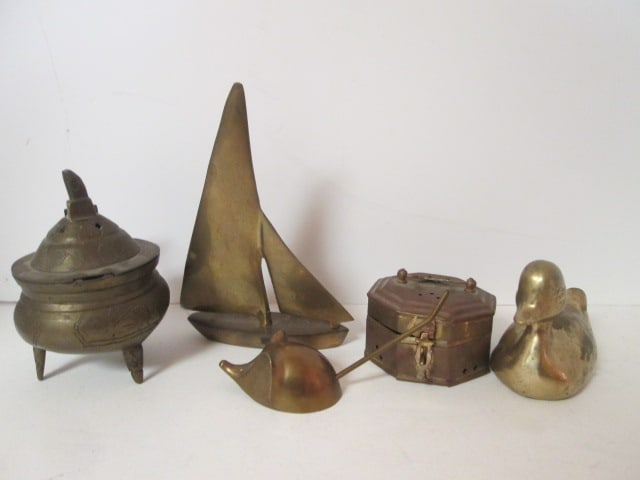 Brass Duck, Mouse, Sailboat, Cricket Box and Incense Burner: .