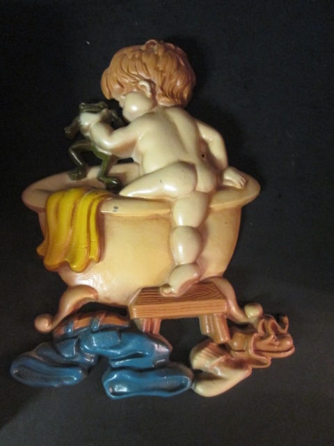 1976 Sexton Handpainted Cast Metal Little Boy & Frog Bathtub Wall Plaque and - 2