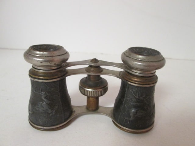 Pair of Vintage Pewter Bas-Relief Stag Hunt Scene Chevalier Paris Opera Glasses: .
