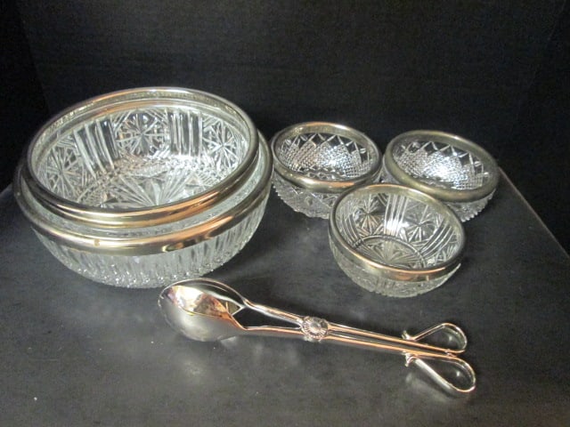 Silverplated Rimmed Glass Serving Bowls, Matching Individual Bowls and Pair of (1 of 8)
