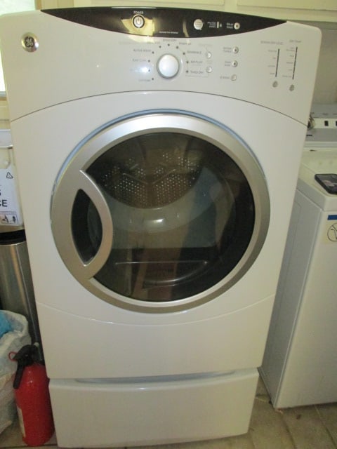 GE Electric Dryer with Storage Drawer Base: Model DBVH512EF0WW, Serial #GL819147A, storage drawer 13"h, Bring Tools and Additional Person to Help You Unhook and Load, Local Pickup Only