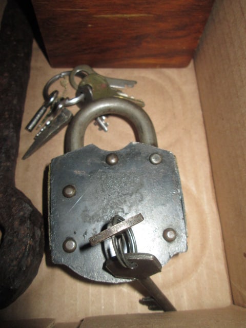 Vintage Padlock with Key, Railroad Spike in Block of Wood Table Top Accent, - 2