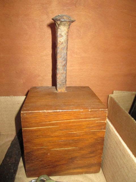 Vintage Padlock with Key, Railroad Spike in Block of Wood Table Top Accent, - 3