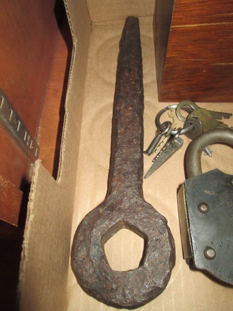 Vintage Padlock with Key, Railroad Spike in Block of Wood Table Top Accent, - 4