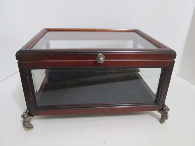 The Bombay Co. Traditional Style Table Top Beveled Glass Hinged Top Display Case with: Silver Tone Rearing Elephant Feet. 13" x 10" x 7", Local Pickup Only