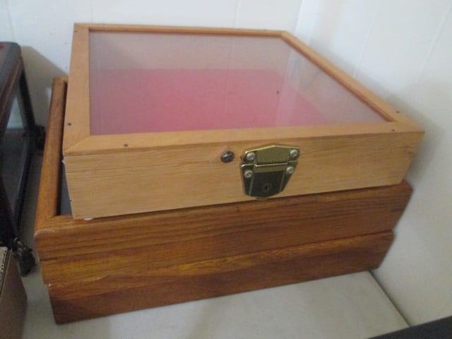 Three Wood Glass Hinged Top Display Cases: (1)12 1/2" x 13" x 3", (2)15" x 12" x 2 1/2"