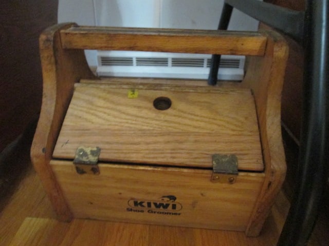 KIWI Oak Shoe Shine Box and Shoe Polish and Brushes: 10 1/2" x 8 1/2" x 9 1/2", see pictures for contents