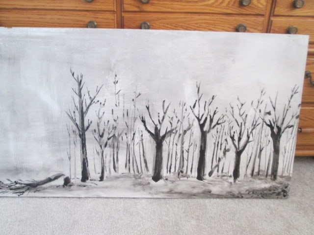 Original Black and White Barren Stand of Trees Landscape Painted on Recycled Hollow Core Slab Door - 4