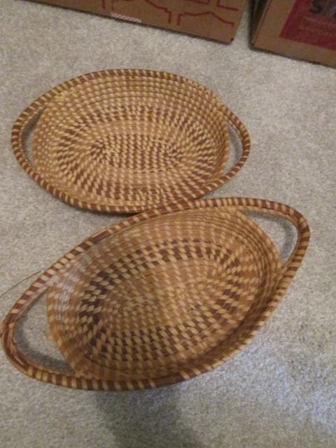 Two Gullah Sweet Grass Oval Handled Baskets: 12" long, 14" long(loose weaving on handles)