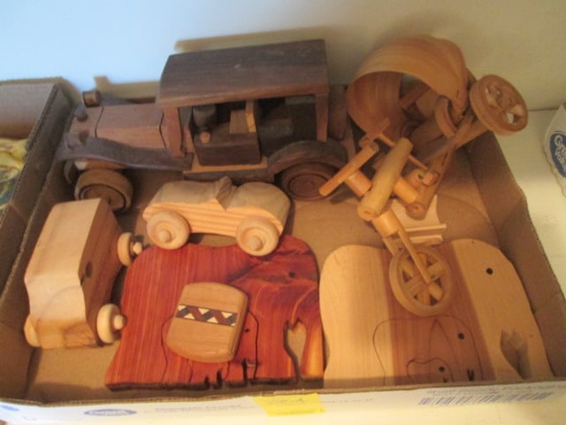 Grouping of Wood Carved Cars, Elephant Puzzles and Pill Box: .
