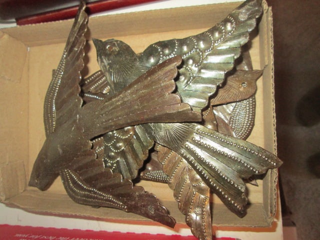 Five Punched Tin Folk Art Sparrow Wall Plaques: approx. 7" long