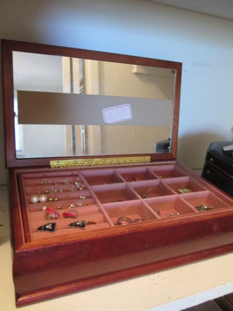 Tapestry Lid Wood Jewelry Box and Jewelry: 12" x 7" x 3 1/2"h, top has mirror on inside-panel needs to be secured, two pair of Mexican Silver Earrings, see pictures and preview for jewelry selection