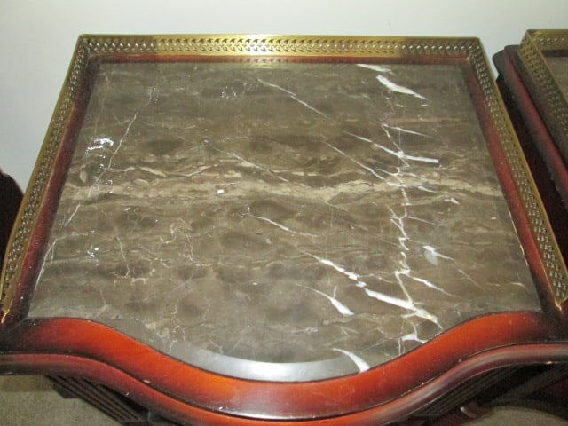 Pair of The Bombay Co. Mahogany Marble Top Tables with Galley Rail - 2