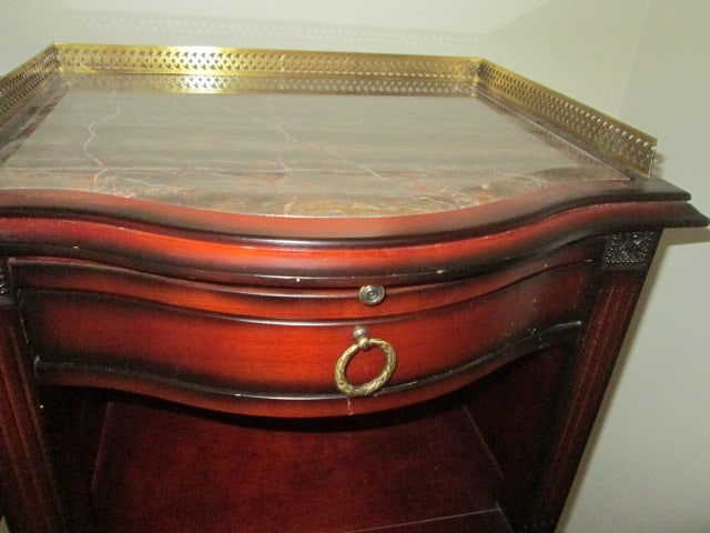 Pair of The Bombay Co. Mahogany Marble Top Tables with Galley Rail - 4