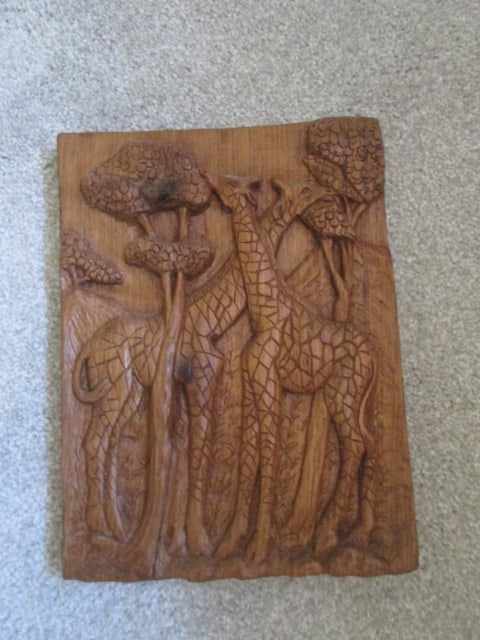 Three Carved African Tribal Wood Plaques and Framed and Matted Mother and Child Print - 2