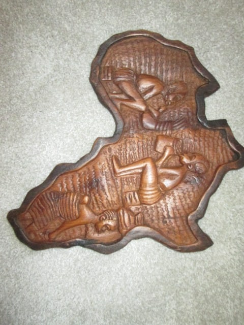 Three Carved African Tribal Wood Plaques and Framed and Matted Mother and Child Print - 3