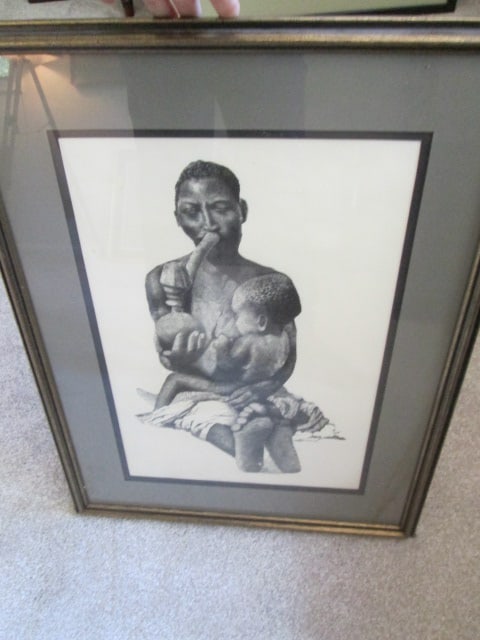 Three Carved African Tribal Wood Plaques and Framed and Matted Mother and Child Print - 5