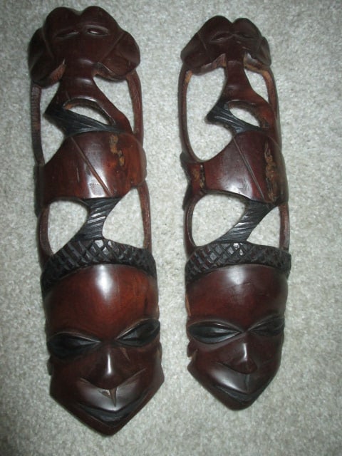 Three Hand Carved African Style Tribal Masks - 2