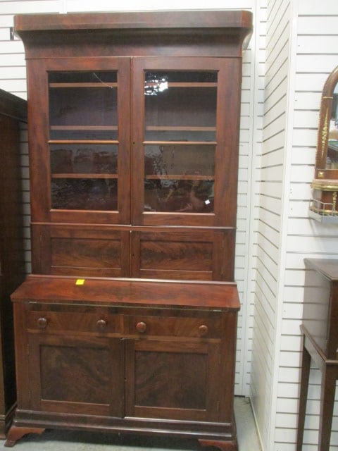 Victorian Style Flame Mahogany Secretary/Bookcase: 48 x 23 x 84 (top glass in door has a crack)