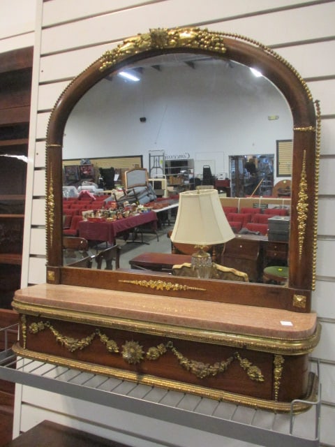 French Style Neoclassical Ormolu Mounted Mirror w/marble shelf: 25 x 7 x 27