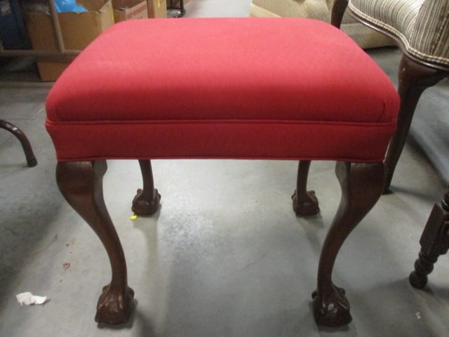 Mahogany Vanity Stool w/Red Upholstery & Ball/Claw Feet: 19 x 15 x 20