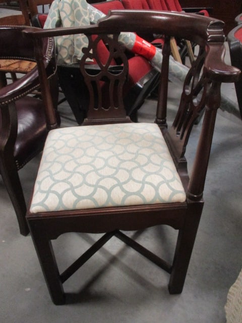 Chippendale Style Mahogany Corner Chair w/ornate back: Includes Extra Upholstery Fabric
