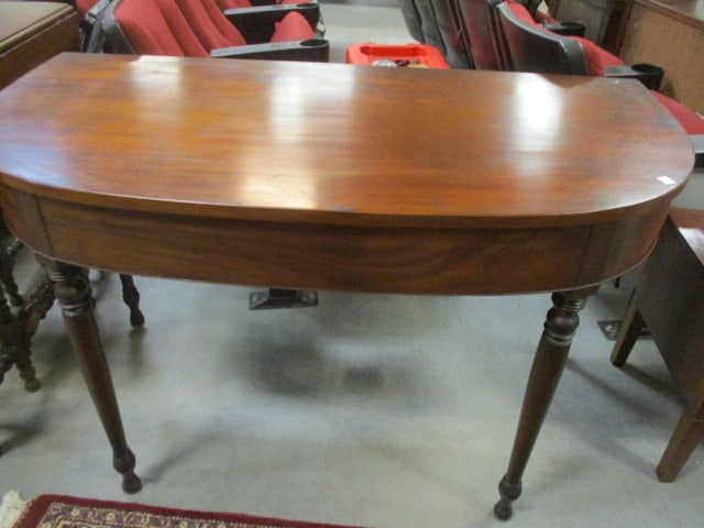 Demi-Lune Mahogany Entry Table w/Turned Legs: 47 x 25 x 29