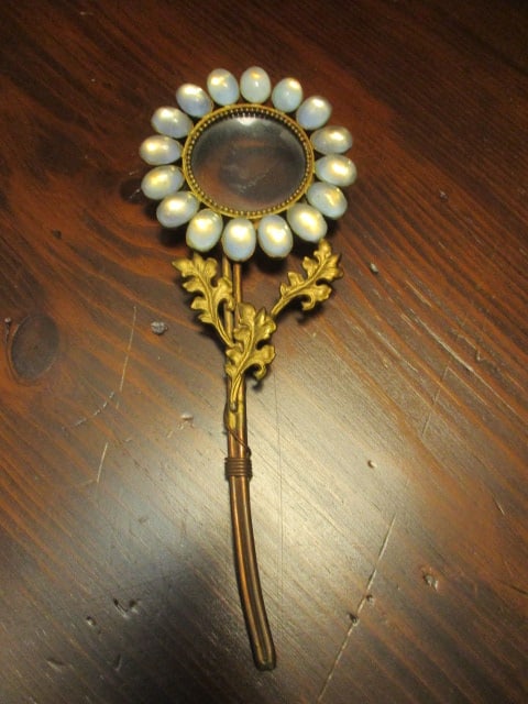 Art Nouveau Hand Magnifying Glass w/oval moonstone cabochons: 9"