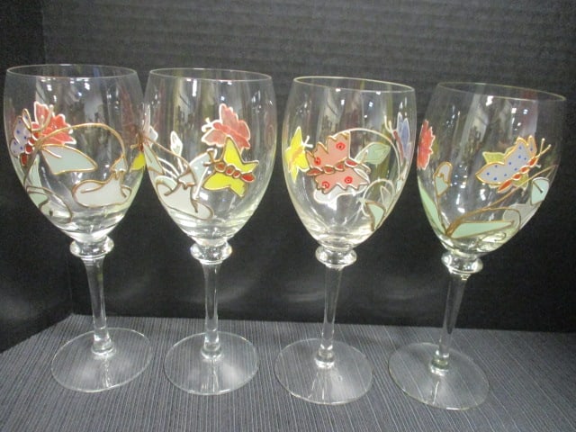 Handpainted Butterfly & Floral Motif Goblets (Lot of 4): 9"